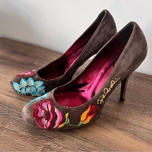 Roberto Cavalli Vintage Brown Suede Heels with Floral Embroidery